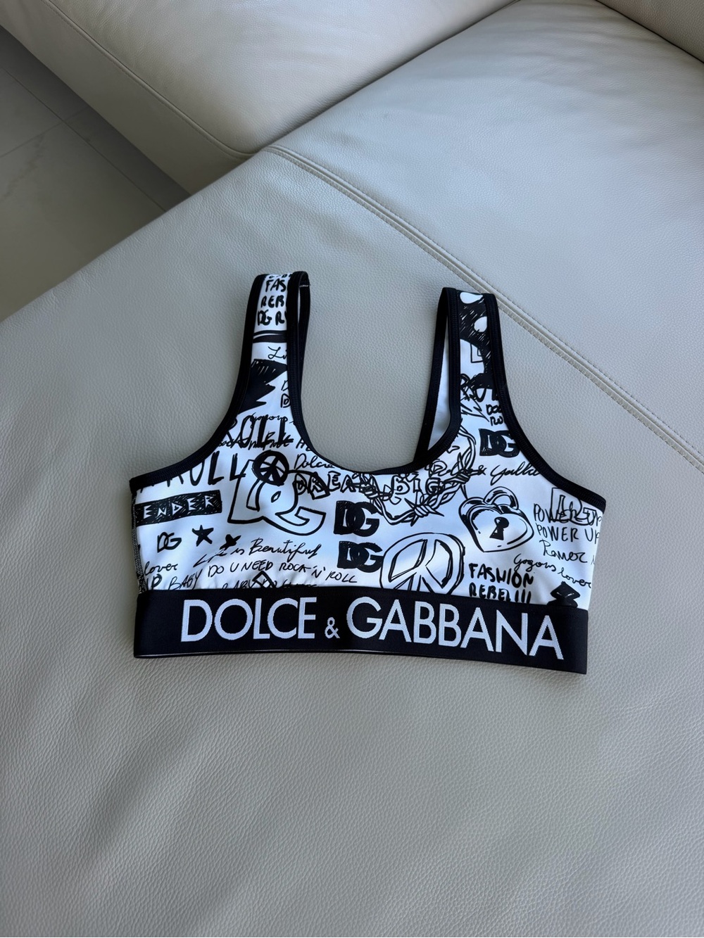 Dolce & Gabbana Black & White Logo Graphic Sports Bralette
